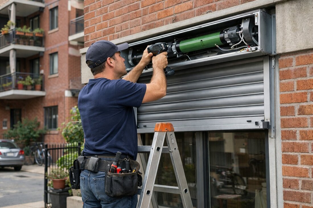 Técnico controlando persiana motorizada con mando