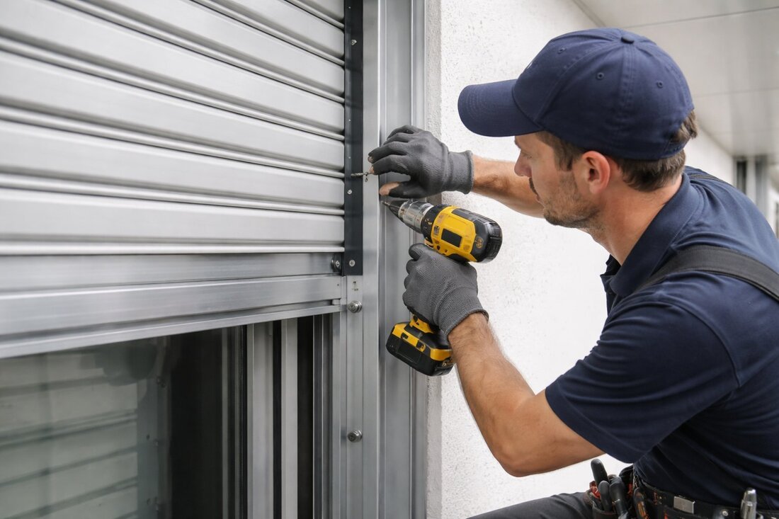 Técnico ajustando cierre metálico de local comercial