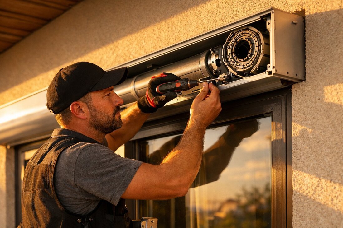 Técnico instalando motor en persiana interior